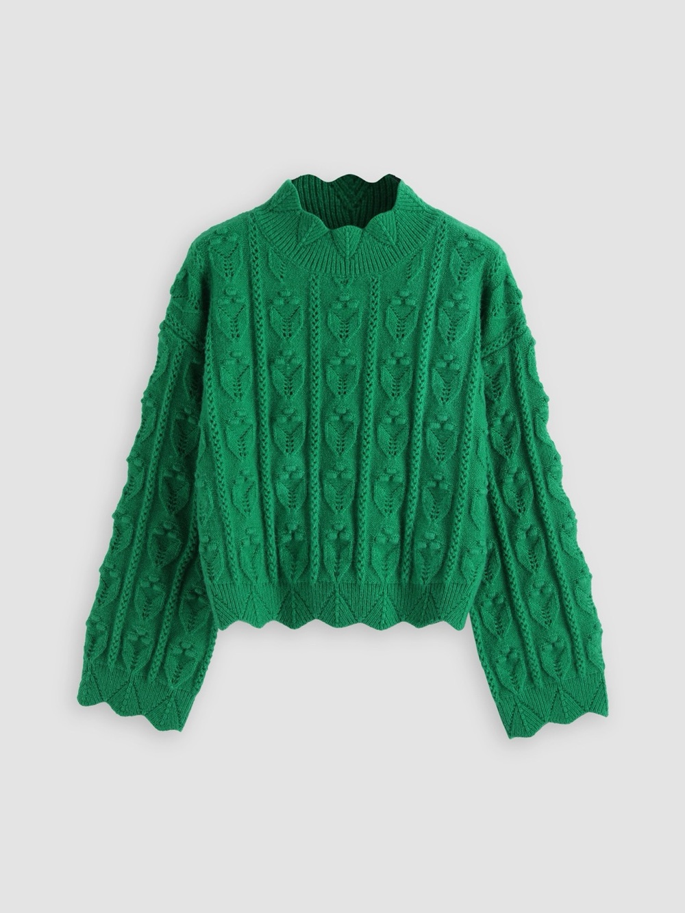 Green Cider Tractor Women's Green Size M Scalloped Mock Neck Knit Floral Sweater